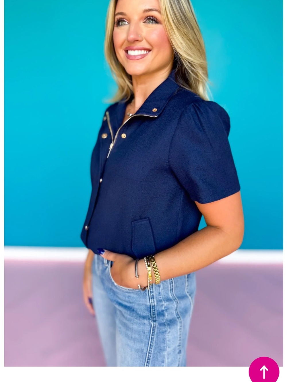 SSYS Rory Puff Sleeve Button Down Top - Navy - Picture 3 of 9